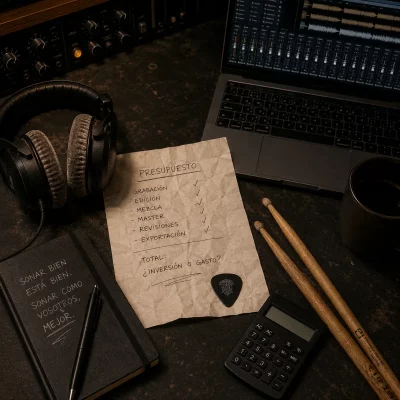 Mesa de un estudio de grabación con presupuesto, auriculares y sesión de mezcla abierta.