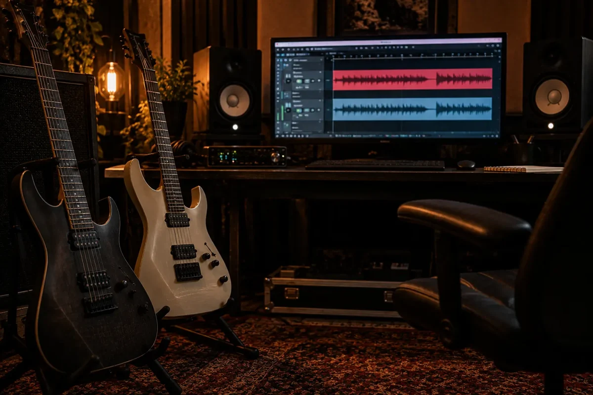 Grabación de guitarras eléctricas dobladas para una mezcla de rock y metal