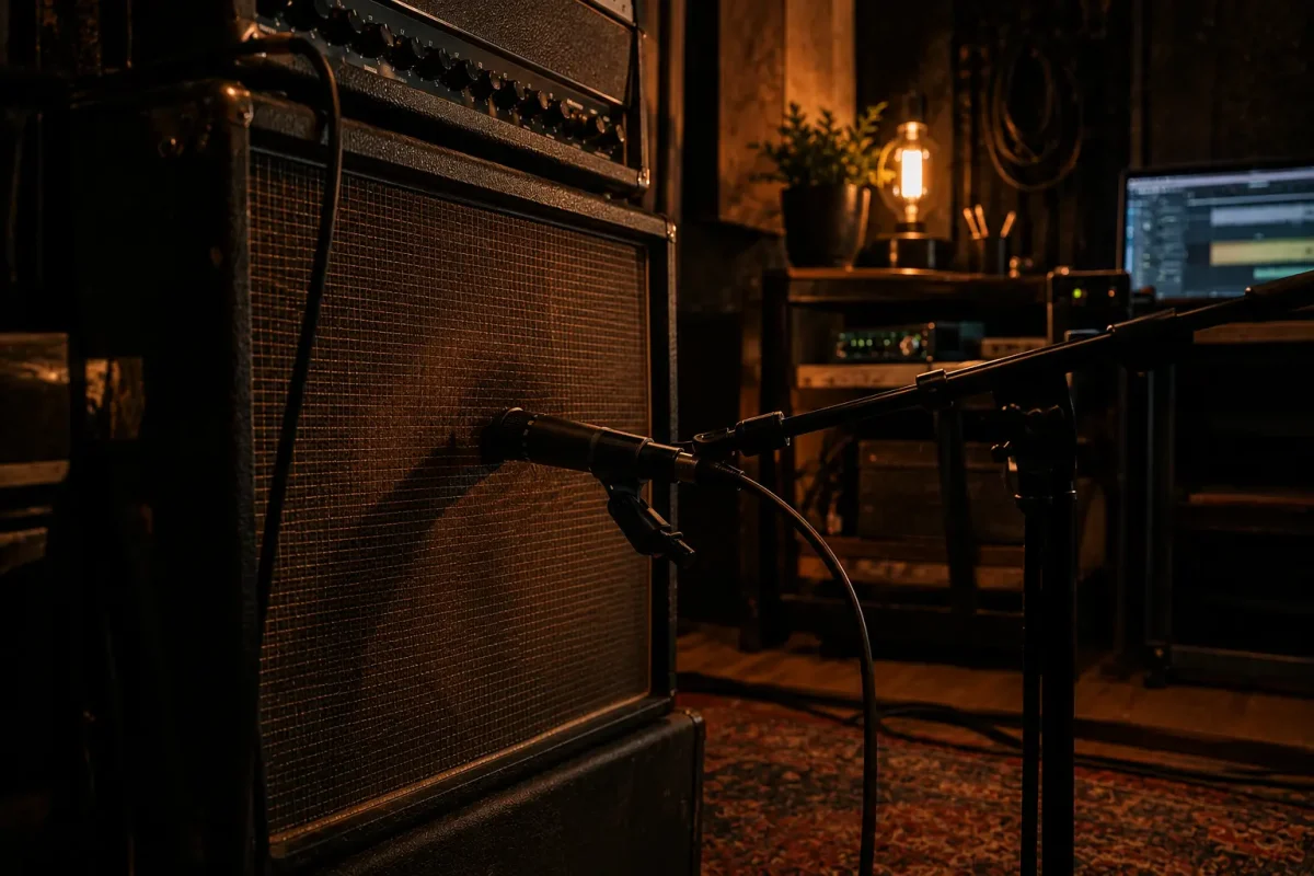 Grabación de guitarra eléctrica con amplificador y micrófono